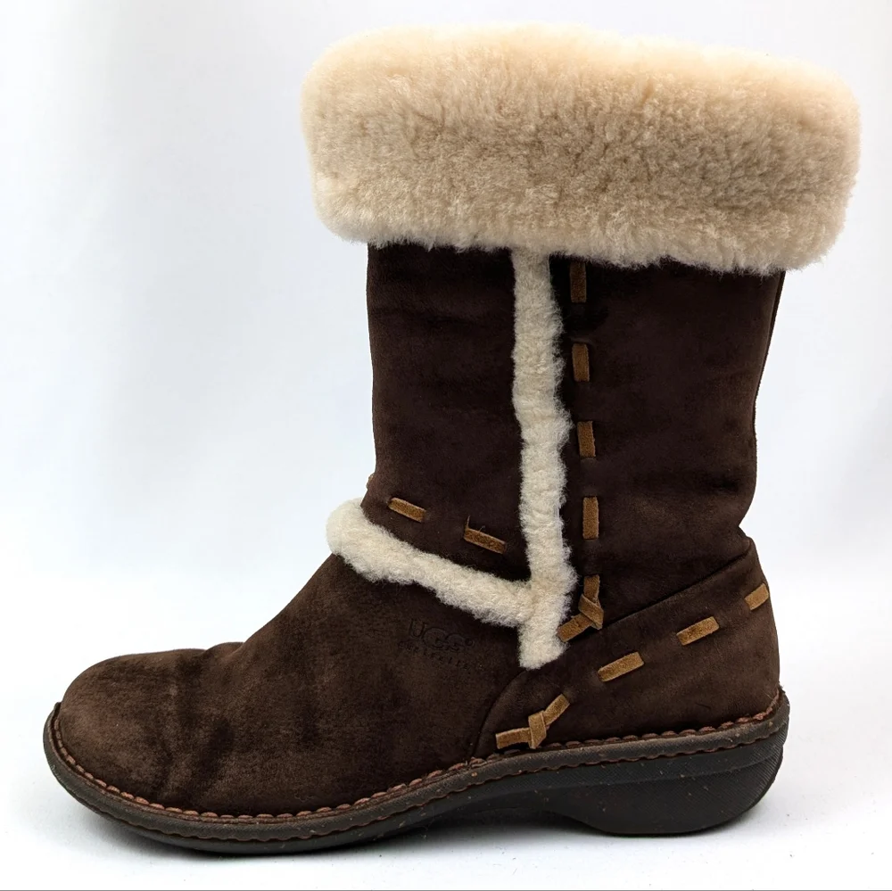 UGG Australia Elijo Boots Suede Shearling Cuff & Trim Pull On Espresso Brown 9